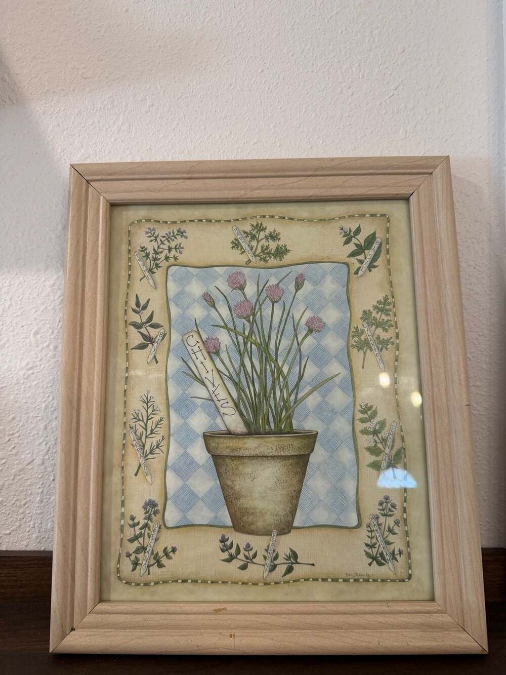 Robin Betterley Chives Framed Botanical Herb Art Print in Wood Frame